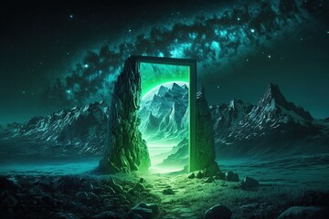 Night scene with magic portal, fantastic energy door to alien world.  background with fantasy illustration of mountain landscape with mystic glowing in  frame
