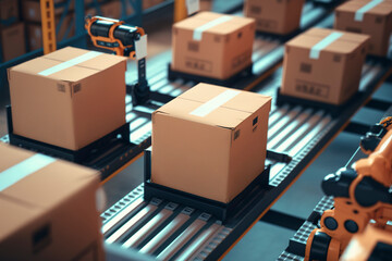 Modern logistics warehouse robots are sorting packages. AI technology generated image