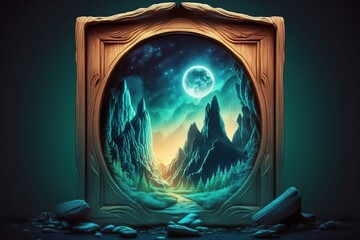 Night scene with magic portal, fantastic energy door to alien world.  background with fantasy illustration of mountain landscape with mystic glowing in  frame