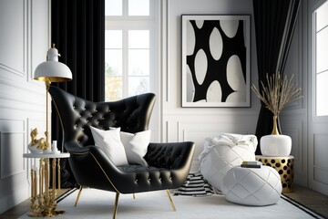 A black leather armchair and gilded accents provide for a contemporary look in the living area. Generative AI