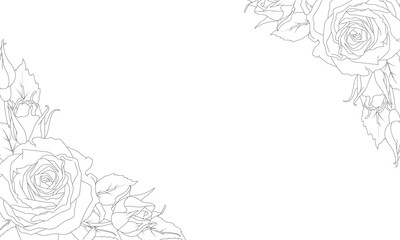 Rectangular frame of a rose and leaves in line art style. Vector illustration. Hand drawn flower. Black and white drawing.For the design of wedding invitations, greeting cards, labels, business cards