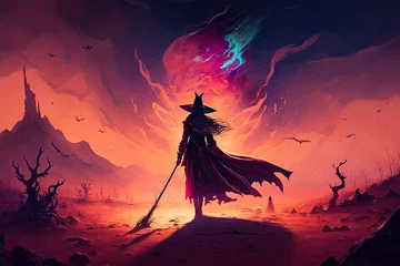 Poster Im Rahmen It's a digital painting that uses a brushstroke technique to depict a Halloween fantasy witch and her powerful magic staff in a desert landscape. Generative AI © 2rogan