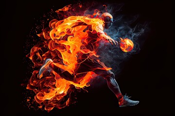 Fototapeta na wymiar Generative AI illustration of the essence of a soccer player in motion as they kick a ball with intense energy, surrounded by vibrant colors and splashes