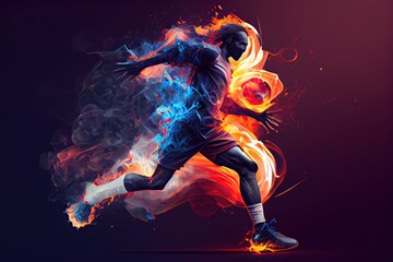 Generative AI illustration of the essence of a soccer player in motion as they kick a ball with intense energy, surrounded by vibrant colors and splashes