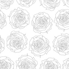 Seamless pattern of roses vector illustration in line art style. Hand drawn outline flowers. For the design of kitchen textiles, towels, tablecloths, napkins, clothes, notepads, wrapping paper