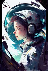 Generative AI illustration of the girl is the captain of a spaceship, a white spacesuit, a dashboard, a huge porthole