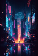 Generative AI illustration of vibrant and nostalgic futuristic cityscape with detailed neon lights and reflections, a towering skyscraper in the center, neon dreams, a futuristic cityscape