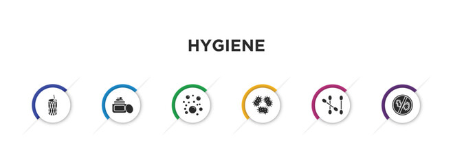 hygiene filled icons with infographic template. glyph icons such as toothpick, face cream, bubbles, parasite, cotton swab, antibacterial vector.