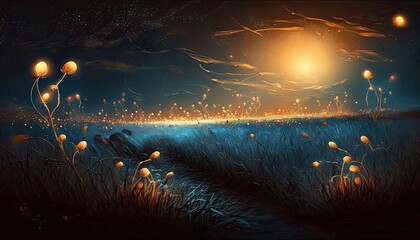 Magical firefly field at night. Lightning bugs in an enchanted landscape. Abstract glowing wallpaper background.