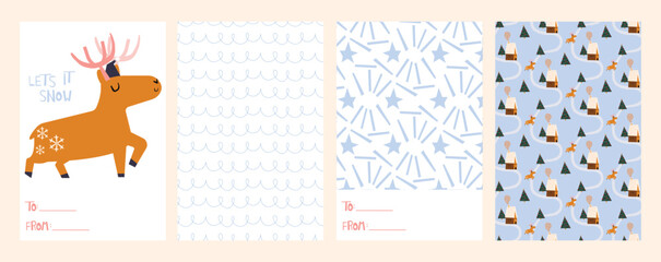 set of decorative cards and patterns for winter, Christmas with reindeer, blue stars, abstract lines, Christmas tree, houses. vector illustration for decor, fabric, posters.