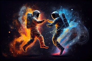 Obraz na płótnie Canvas Generative AI illustration of two astronauts, dressed in spacesuits, are floating in zero gravity while dancing closely. The background is a breathtaking view of the galaxy, with stars and nebulae