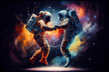 Obraz na płótnie Canvas Generative AI illustration of two astronauts, dressed in spacesuits, are floating in zero gravity while dancing closely. The background is a breathtaking view of the galaxy, with stars and nebulae
