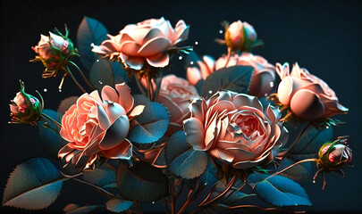 A cluster of delicate pink roses, their soft petals creating a stunning display on a black backdrop