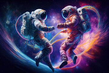 Generative AI illustration of two astronauts, dressed in spacesuits, are floating in zero gravity while dancing closely. The background is a breathtaking view of the galaxy, with stars and nebulae