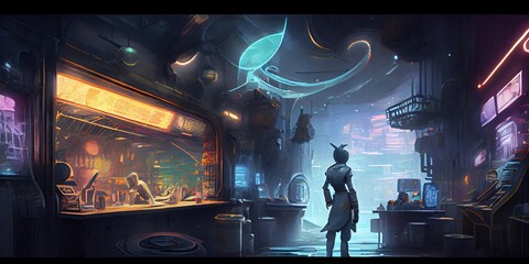 Fototapeta na wymiar Generative AI illustration of the dark side of space trade, a bustling station for enigmas and oddities, a futuristic space station, bustling with activity and commerce