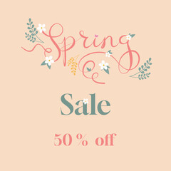 Springtime sale - 50 % off discount. Spring sale Promotional background with colorful flowers for spring. Can be used for the template, banners, flyers,  posters