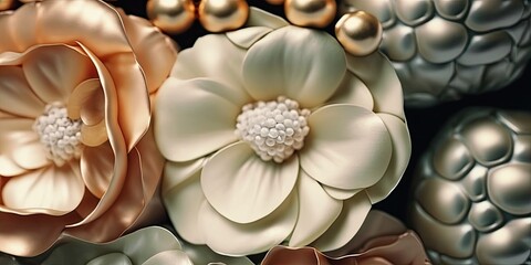 Pearl and satin flower jewelry and broaches. Digital Art. Shimmer and shine. Luxury Gems and Jewels. Background Wallpaper