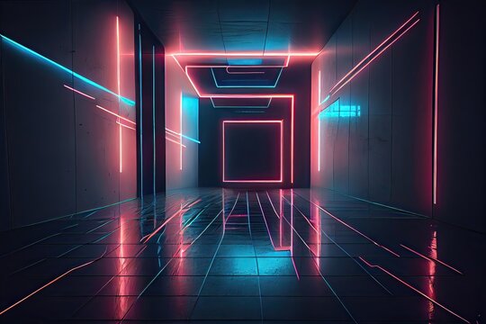 Generative AI illustration of an abstract dark neon geometric background, set inside a dark and empty room with glowing laser lines on the walls, a wet concrete floor, with neon light reflections