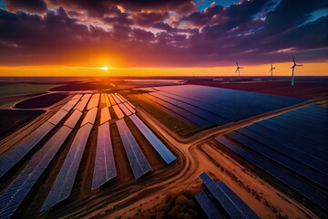 Generative AI illustration of an aerial view of solar photovoltaic panels and wind turbines generating renewable energy in a beautiful landscape at sunrise - obrazy, fototapety, plakaty