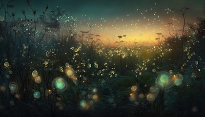 Obraz na płótnie Canvas Firefly meadow. Night time lightning bugs in grass field. Magical landscape. Enchanted background wallpaper.