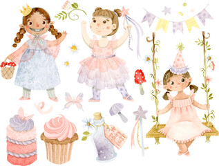 Watercolor birthday girls, cakes, garland and botanical elements 