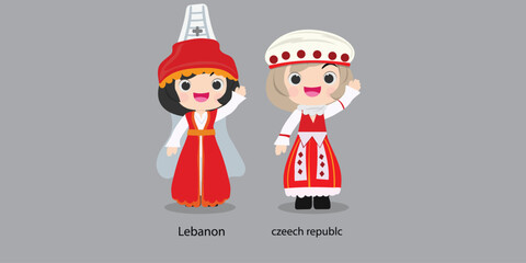 Lebanon in national dress with a flag.  woman in traditional costume. Travel to czeech. People. Vector flat illustration.