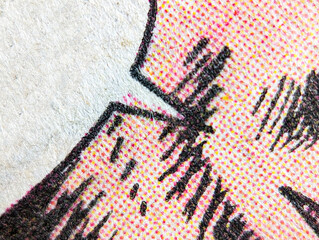 Closeup of the red and yellow dot printing pattern on an old comic book page with empty chat bubble - 575383370