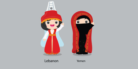 Lebanon in national dress with a flag.  woman in traditional costume. Travel to Yemen. People. Vector flat illustration.