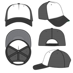 Blank Black Trucker hat flat mockup mock-up fashion technical template set	with seamless mesh pattern

