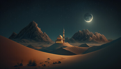 Mosque night view, sand and calm atmosphere mountain, Generate AI - obrazy, fototapety, plakaty