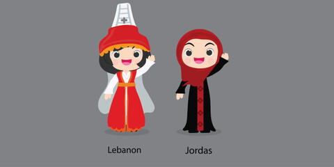 Obraz na płótnie Canvas Lebanon in national dress with a flag. woman in traditional costume. Travel to Jordas. People. Vector flat illustration.