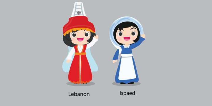 Lebanon in national dress with a flag.  woman in traditional costume. Travel to Ispaed. People. Vector flat illustration.