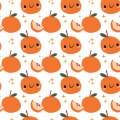 Cute cartoon style orange, mandarin or apple fruit characters vector seamless pattern background.
