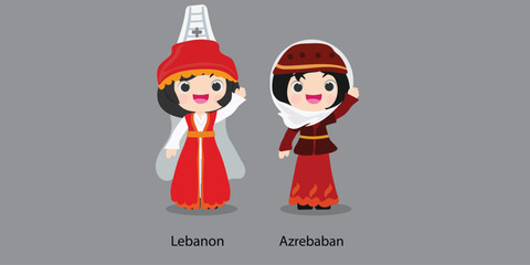 Lebanon in national dress with a flag.  woman in traditional costume. Travel to Azerbaban. People. Vector flat illustration.