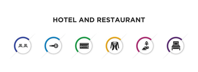 hotel and restaurant filled icons with infographic template. glyph icons such as beds, doorknob, key card, suits, reception, single bed vector.