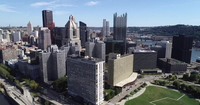 Aerial view of Pittsburgh, Pennsylvania. Daytime with business district and rivers in background
