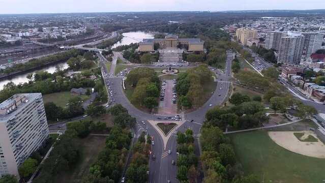 Beautiful Philadelphia Cityscape with Museum of Art, Schuylkill River and Traffic in Background. Philadelphia