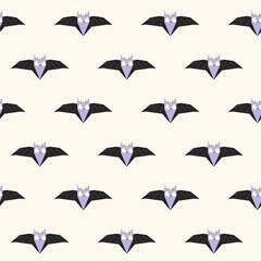 A pattern of bats with purple faces on a light background. vector pattern with bat for kids room decor, fabric, halloween.