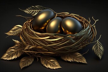 nest of golden eggs luxury gold branches created with Generative AI technology