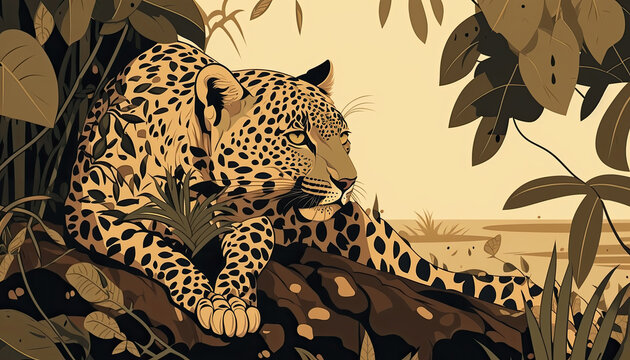 Leopard - Minimalistic flat design landscape illustration. Image for a wallpaper, background, postcard or poster. Generative AI