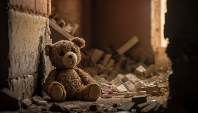 A teddy bear in a destroyed house - Generative AI