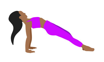 African American longhair woman. Yoga pose in cartoon flat style. Female woman girl. Vector illustration in cartoon flat style isolated on white background.