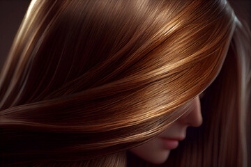 Perfekte, gesunde und glänzende Haare im Fokus eines Portraits. Perfekt für Friseur- Haarfarbe- und Shampoo- werbung. - Generative Ai