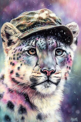Snow Leopard wearing Hat, Psychedelic Illustration. Generative AI