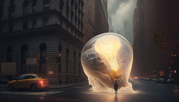 Storm Of Ideas In The Middle Of The City, Lamp, AI, Digital Painting Post-production