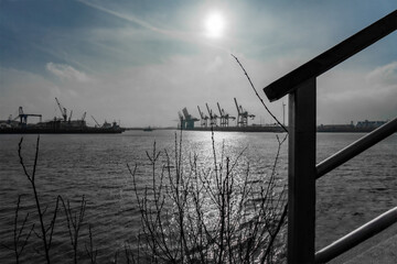 Blick auf die Elbe und am anderen Ufer stehende Hafenkräne und Industriegebäude am Tage, im Vordergrund Teile eines Geländers und Zweige, Gegenlichtaufnahme, horizontal 
