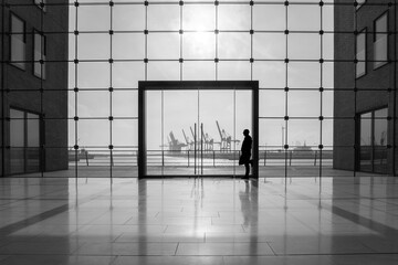 Blick durch ein großes modernes Glasfenster, mittig eine große Glastür,  Gebäudeteile, im Hintergrund die Silhouetten von Hafenkränen und die Silhouette eines Mannes zu sehen, der am Türrahmen lehnt