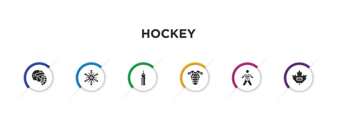 hockey filled icons with infographic template. glyph icons such as hockey helmet, snowflake, water bottle, armour, hockey player, maple leaf vector.