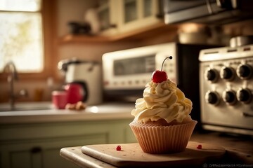 cupcake with cherry with kitchen in the background in vintage style