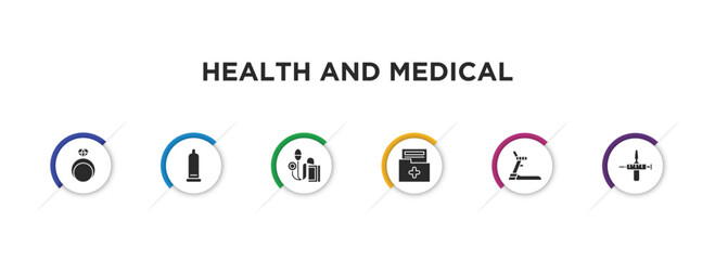 health and medical filled icons with infographic template. glyph icons such as rings, condom, sphygmomanometer, medical result, treadmill, injection vector.